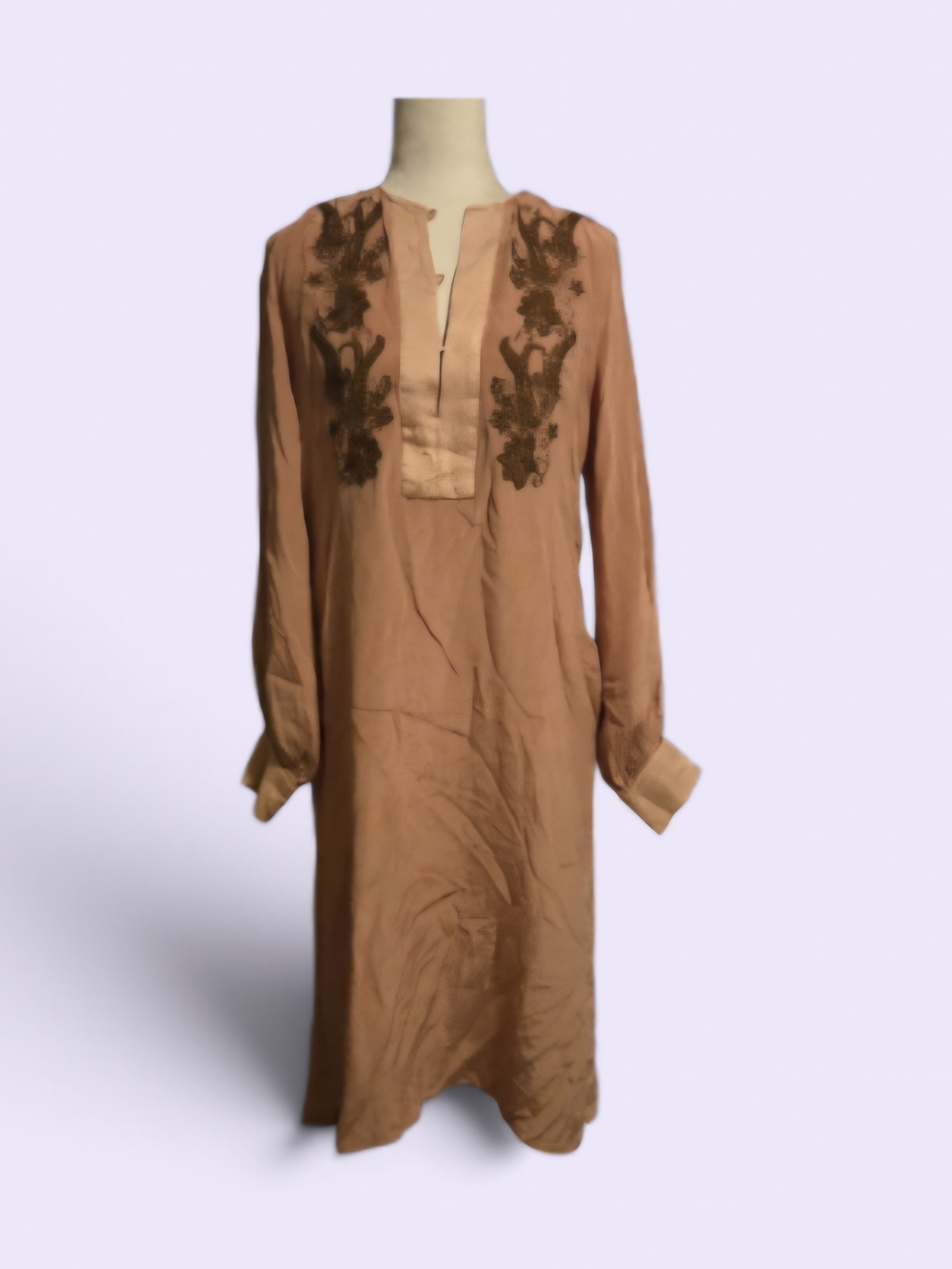 Embroidered Long-Sleeve Tunic Dress in Rusty Brown